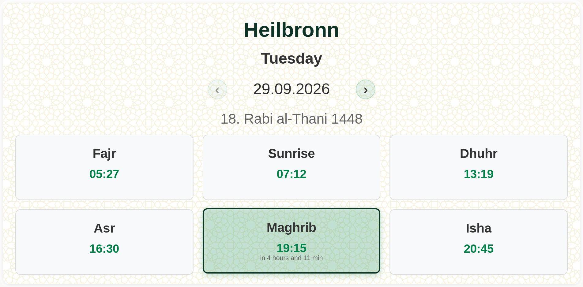 WAQTUNA daily prayer times widget on a WordPress page