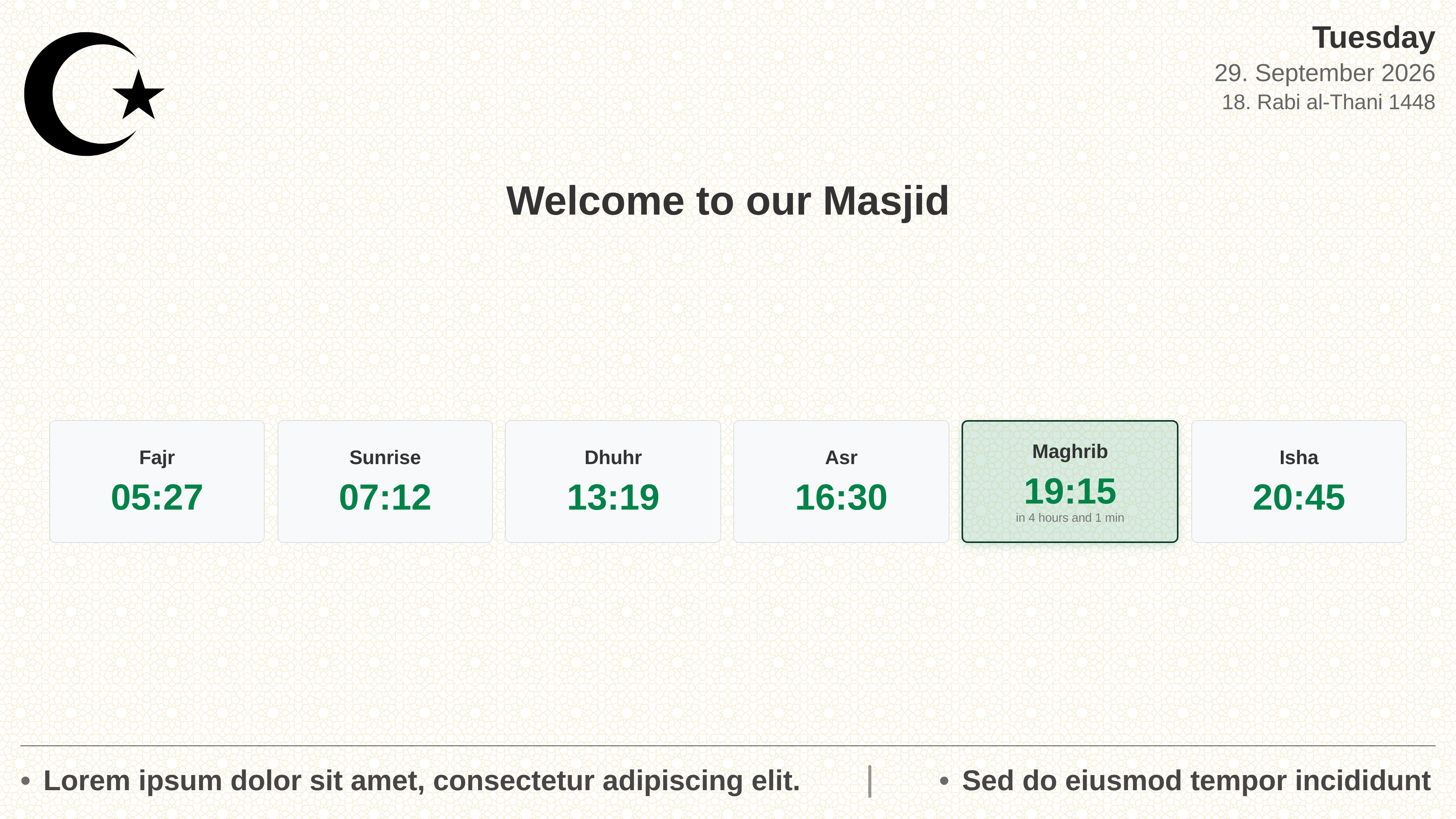 Masjid full-screen prayer times display for TV screens