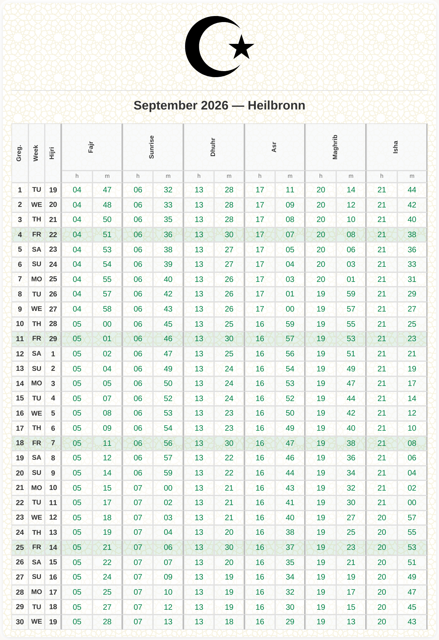 Monthly prayer timetable with Gregorian and Hijri dates